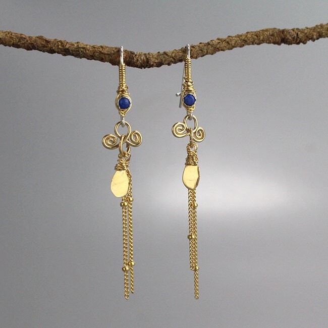 Etsy Mother's Day Gift, Wire Wrapped Earrings, Lapis Dangle Spiral Bohemian Blue Jewelry, Wedding
