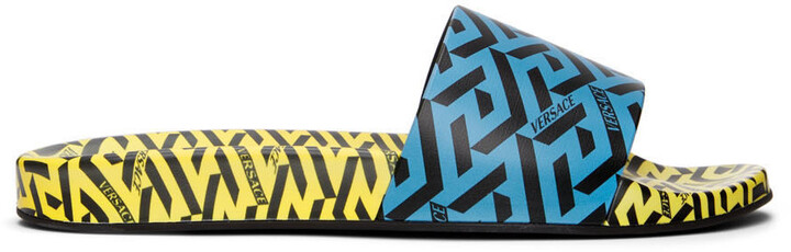 Versace Blue & Yellow 'La Greca' Print Slides - ShopStyle Flip Flop Sandals