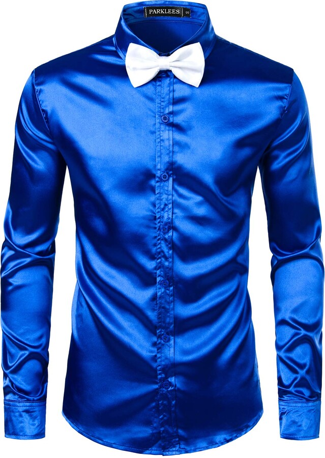 PARKLEES Men's Luxury Shiny Silk Like Satin Long Sleeve Dress Shirts