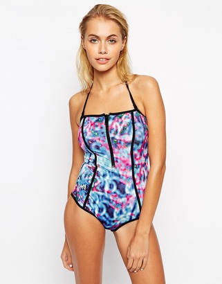 ASOS COLLECTION Watercolour Contrast Zip Front Swimsuit