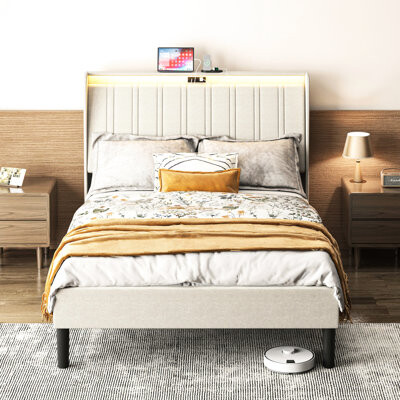 Alwyn Home Platform Bed Frame With Cozy Fabric Upholstered Headboard And Heavy-Duty Base - 800Lb Capacity, Beige, & Ac Outlets, Simple Assembly Instructions Sty