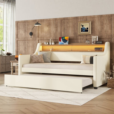 Twin Size Daybed With Trundle, Upholstered Design, Charging Station, And LED Lights For Modern Living