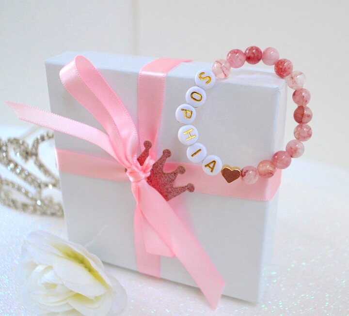 Etsy 18K Gold Heart Pink Jade Baby Bracelet, Shower Gift, Personalized Girls Handmade Kids Jewelry, Best Friends, Newborn Bracelet
