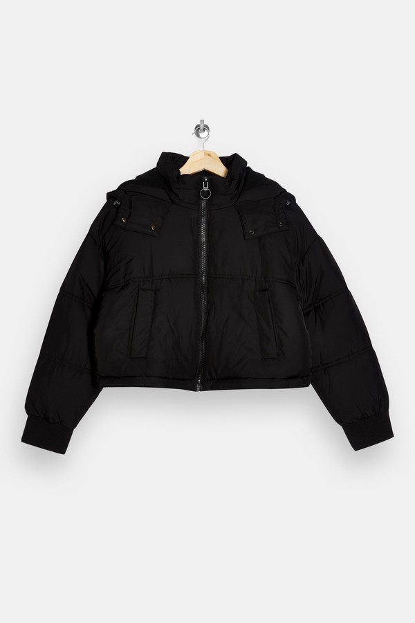 black faux fur hood fitted puffer jacket