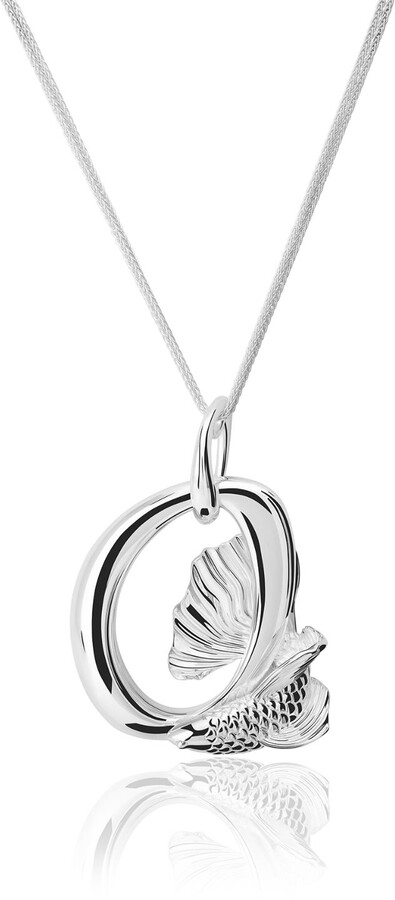 Sterling Silver Girls .8mm Box Chain 3D Swimming Fantail Fish Pendant Necklace