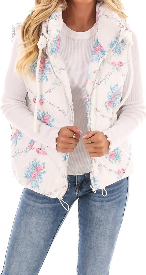 Pretty Follies Garden Grove Floral Puffer Vest In White