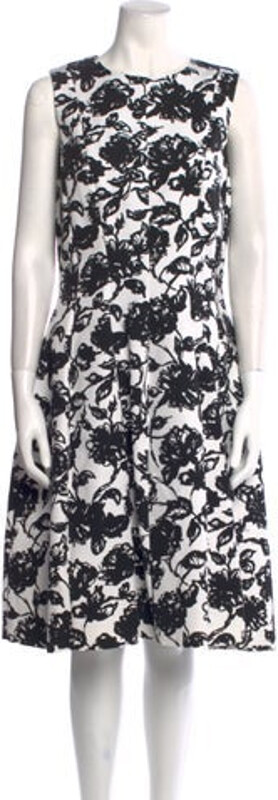 Michael Kors Collection A-Line Dress Black & White Floral Print Pleated Accents Sleeveless with Crew Neck Concealed Zip Closure at Back
