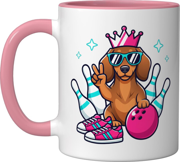 Pins & Paws Studio Dog Bowling Dachshund King, Funny Bowling Dog Design Ceramic Mug, Pink/White