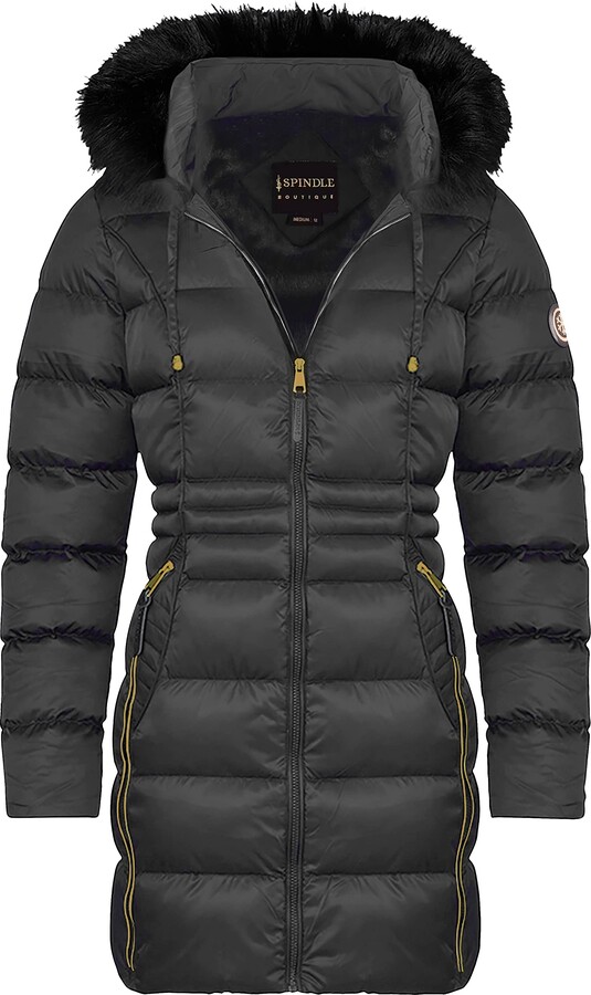 Spindle Womens Ladies Premium Quality Hooded Long Fur Parka Quilted