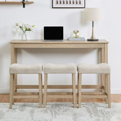Light Oak 4 Piece Bar Table Set with Power Outlet, Perfect for Living and Dining Spaces, Includes Padded Stools and Sofa Compatibility