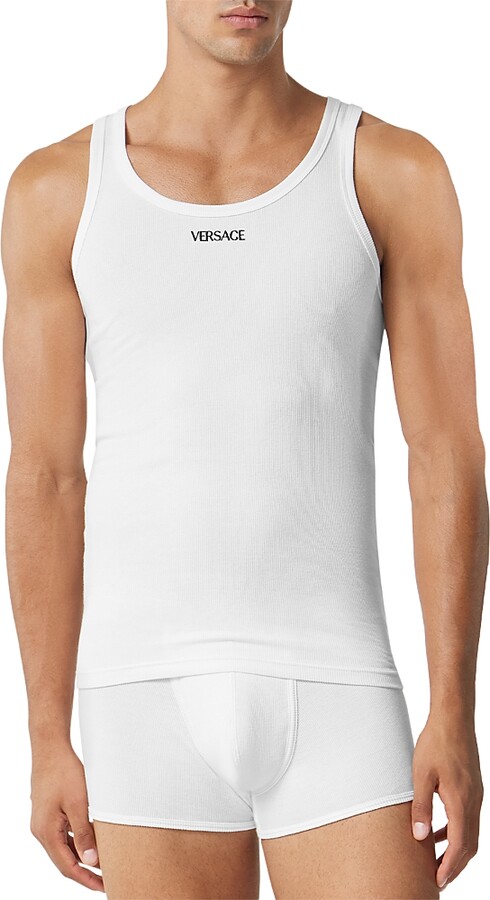 Versace Cotton Blend Ribbed Logo Embroidered Tank