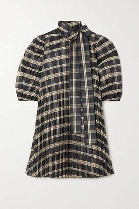 RED Valentino Oversized Tie-detailed Pleated Checked Poplin And Grosgrain Mini Dress - Black