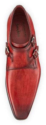 Magnanni Burnished Leather Double-Monk Shoe, Red