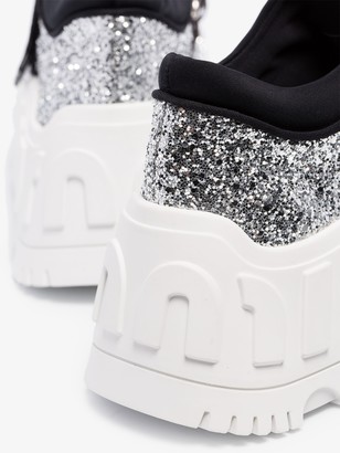 Miu Miu Silver Glitter Flatform Sneakers