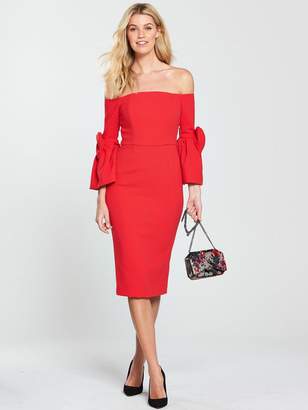 Very Volume Sleeve Bardot Pencil Dress With Bow Cuffs - Red
