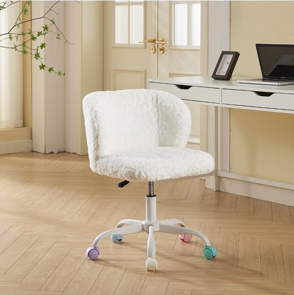 GulchesIvoryFauxAlpacaHairOfficeChairAdjustableSwivelVanityChairwithMetalBaseErgonomicWideSeatNon-SheddingFabric