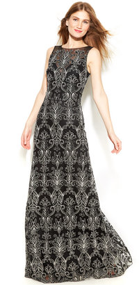 Vera Wang Sleeveless Contrast Embroidered Gown
