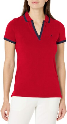 Nautica Womens Classic Fit Striped V-Neck Collar Stretch Cotton Polo Shirt 