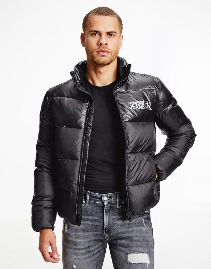 Calvin Klein institutional logo puffer jacket in black - ShopStyle