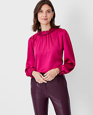Ann Taylor Shimmer Mixed Media Ruffle Neck Blouse - ShopStyle Tops
