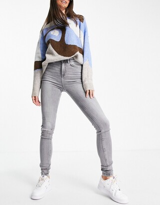 Noisy May Tall Callie high waisted ripped knee skinny jeans in light gray -  ShopStyle