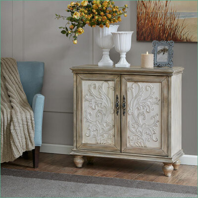 Latitude Run Cabinets Madison Park Driscoll 2-Door Farmhouse Accent Chest Cream & Natural Finish 36Wx14Dx34H | Living Room | Wood