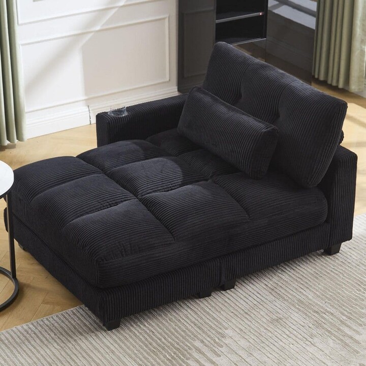 Doris 44.09 in. Black Corduroy Upholstery Twin Size Sofa Bed with Armrest, USB Charging, Cup Holders, Side Pocket