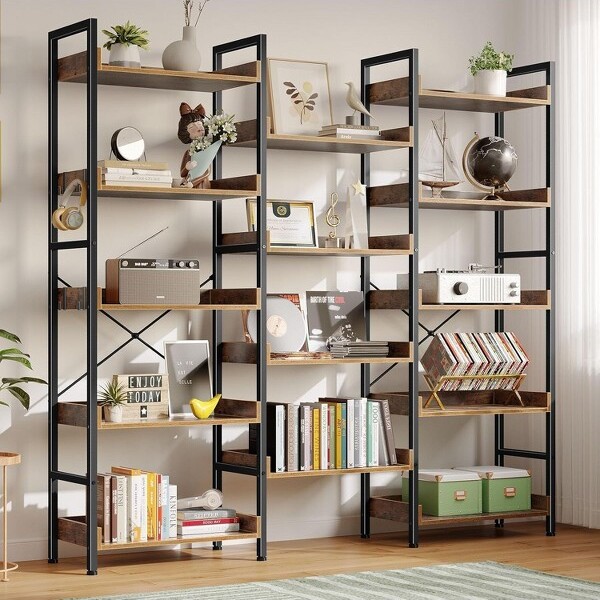 TackViewIndustrial5TierShelfBookshelfDisplayBookShelfWideBookcaseRusticWoodenShelvingUnitforBedroomLivingRoomOffice