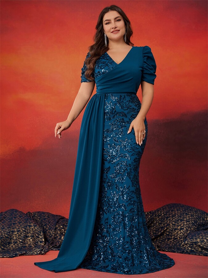 Lucy in love XUIBOL Plus Size Elegant V-neck Sequins Evening Dress Women Short Sleeves Mermaid Formal Luxury Party Streamer Prom Dress
