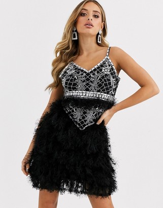 embellished sequin maxi dress with faux feather trim