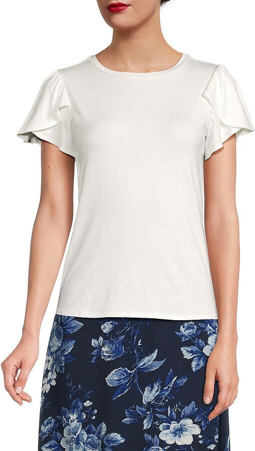 T Tahari Women's Top Star White Stretch Flutter Sleeve Crew Neck FTS1328