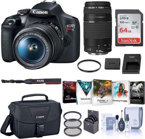 Canon EOS Rebel T7 DSLR Camera with EF-S 18-55mm and EF 75-300mm Lens Bundle with Bag, 64GB SD Card, Corel PC Photo and Video Software Pack and...
