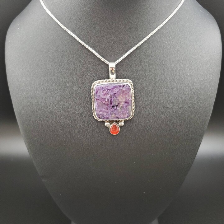 Etsy Big Square Charoite Red Carnelian Necklace Pendant With Silver Box Chain 18 Inches | Sterling