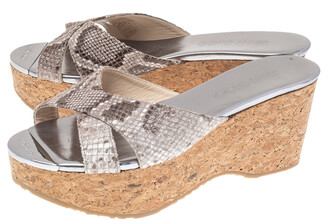 Jimmy Choo Grey Python Embossed Leather Wedge Sandals Size 37.5