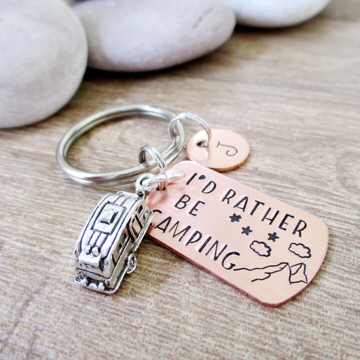 Camping Keychain, I'd Rather Be Trailer Charm, Camping Gift, Camper Mountain Scene, Keys Initial Disc