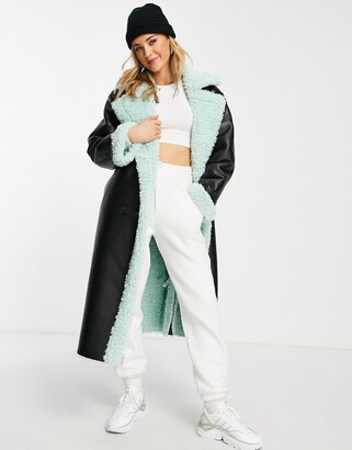 ASOS DESIGN bonded borg trench coat in black and mint