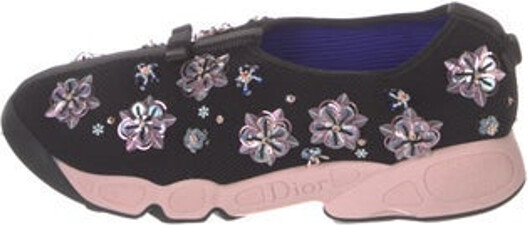 Christian Dior Fusion Slip-On Sneakers Black Mesh Patterned Beaded, Sequin & Bow Accents Round-Toes Velcro Closure at Uppers Includes Dust Bag