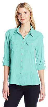 Notations Women's 3/4 Roll Tab Solid Y Neck Utility Blouse