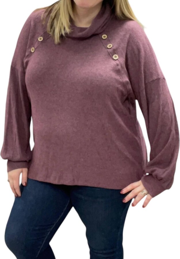 White Birch Cowlneck Faux Button Sweater In Plum