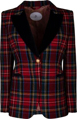 The Extreme Collection - Velvet Collar Checkered Merino Wool Blazer Euphemia