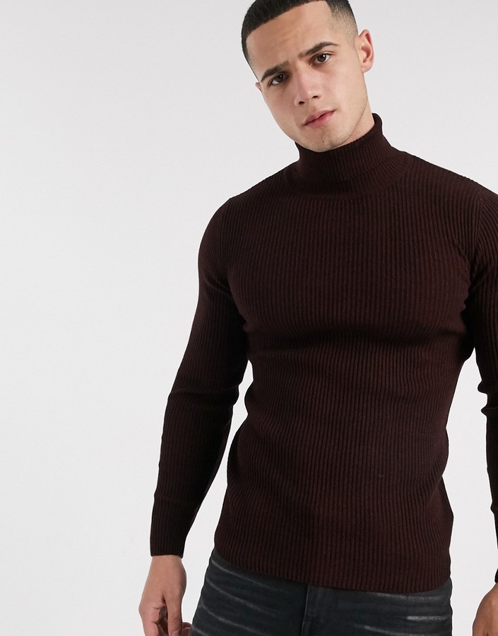 burgundy roll neck jumper mens