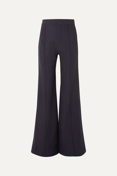 Chloé Satin-trimmed Stretch-wool Wide-leg Pants - Navy Chloé Satin-trimmed Stretch-wool Wide-leg Pants - Navy