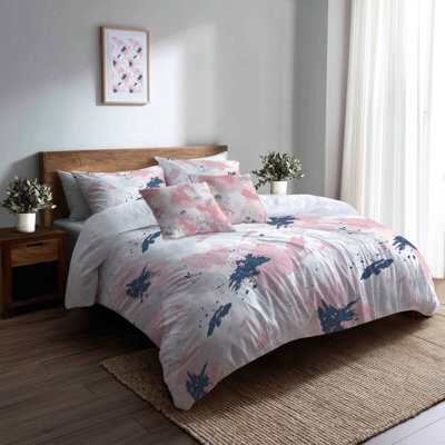 Design Art Teens Abstract Bedding Set Of 5 - Modern Pink And Blue Blush Splash Duvet Cover And Throw Pillow Set