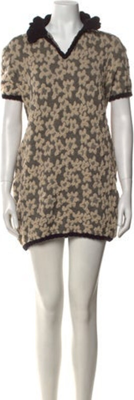 Tach Clothing Shift Dress Neutrals Printed Scalloped & Crochet Accents Short Sleeve with Turtleneck