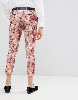 Moss Bros skinny suit pants with stretch in floral crushed velvet