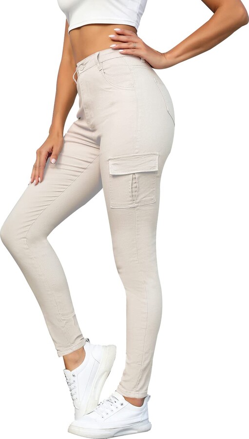 YoYogini Ladies High Waist Cargo Trousers Stretch Skinny Casual Pants Slim  Fit Jeans with Pockets Light Khaki Small