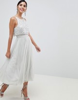 asos design embellished open back tulle midi dress