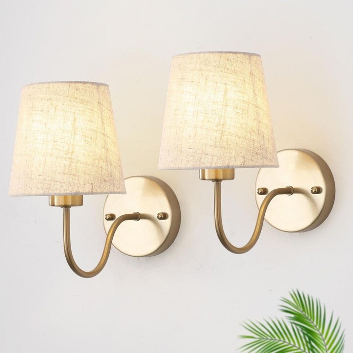 ETONIMERR (Set of 2) 10.78 in. 1-Light Brass Rustic Wall Sconce Light with Linen Beige Fabric Shade for Toilet, Hallway, Staircase