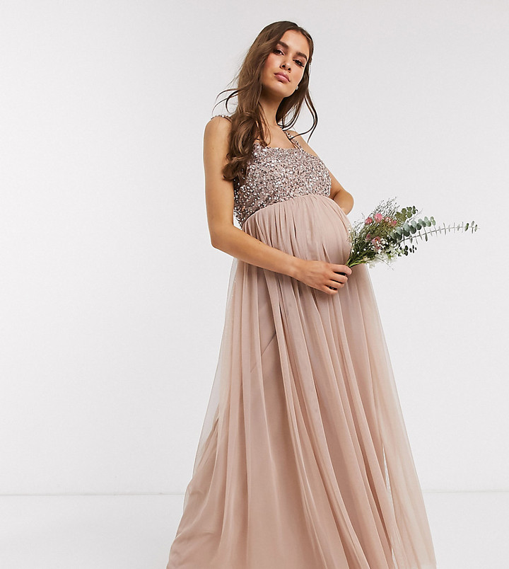 Maya Maternity Bridesmaid sleeveless square neck maxi tulle dress with  tonal delicate sequin overlay in taupe blush - ShopStyle