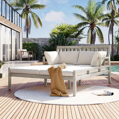 Red Barrel Studio Outdoor Daybed, Patio Daybed With Four Pillows, Wooden Outdoor Bed With Curved Armrests For Poolside, Backyard, Garden